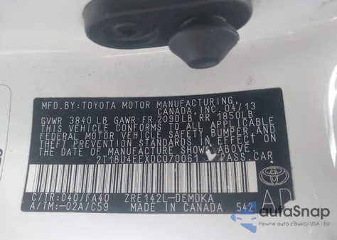 2013 Toyota Corolla L z USA, uszkodzony, nr VIN 2T1BU4EEXDC070061